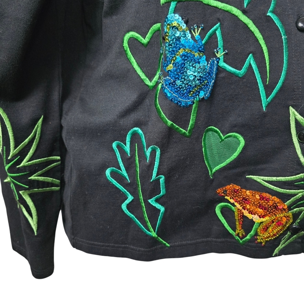 Michael Simon Sequin Frog Cardigan Sweater Black Knit Button Down Size L - Picture 3 of 9
